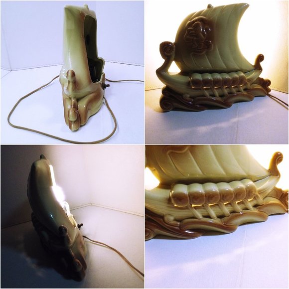 Vintage 50s Ceramic Ship TV Lamp Viking Drakkar Nautical Sail Oars Clean Works! - Picture 5 of 9